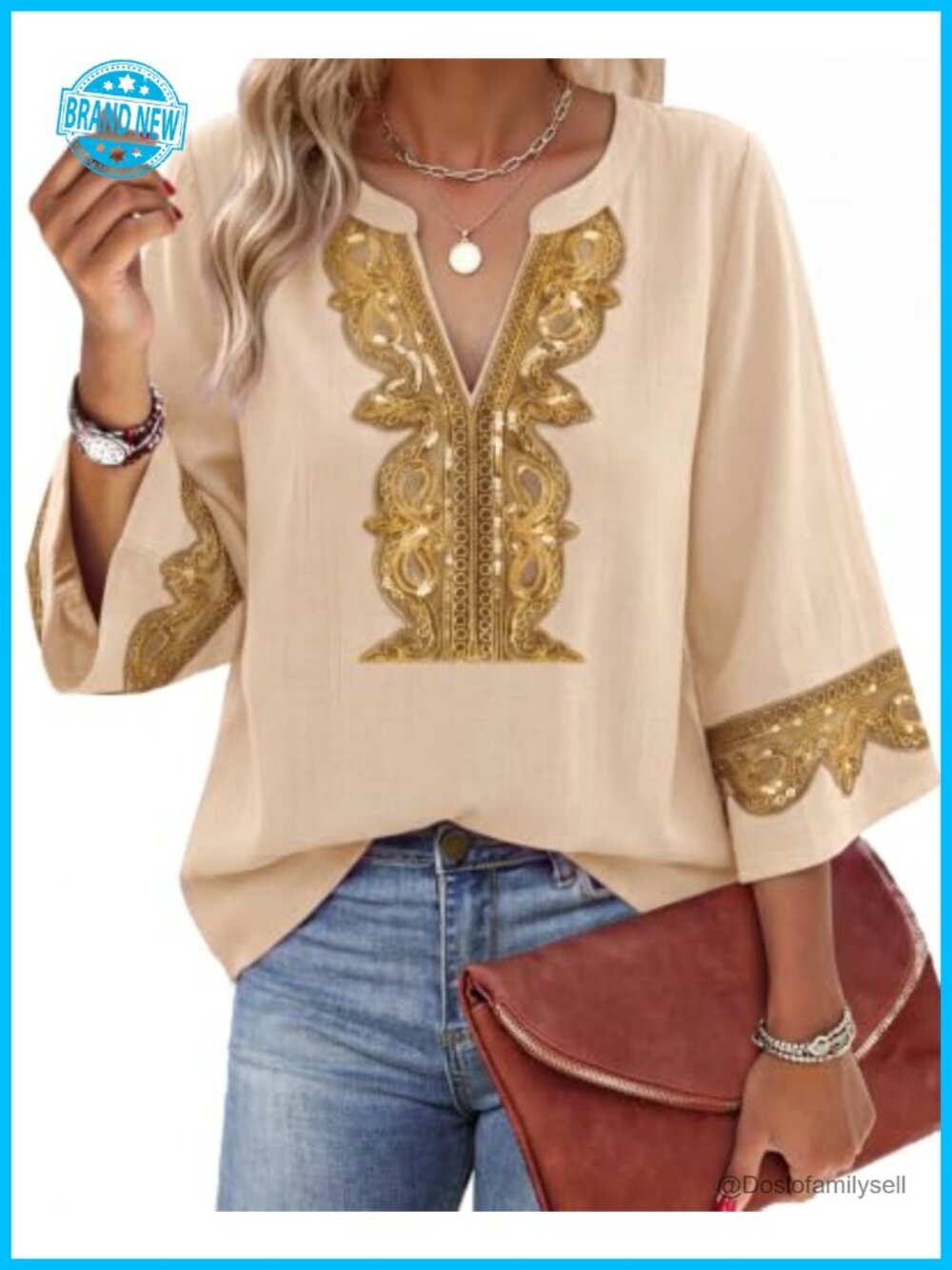 Womens Embroidered Lace V Neck 3/4 Bell Sleeve Tunic Top